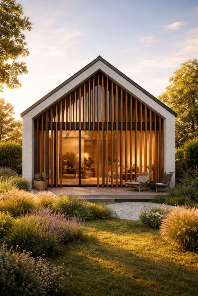 East-facing home elevation with balanced windows allowing soft morning sunlight indoors