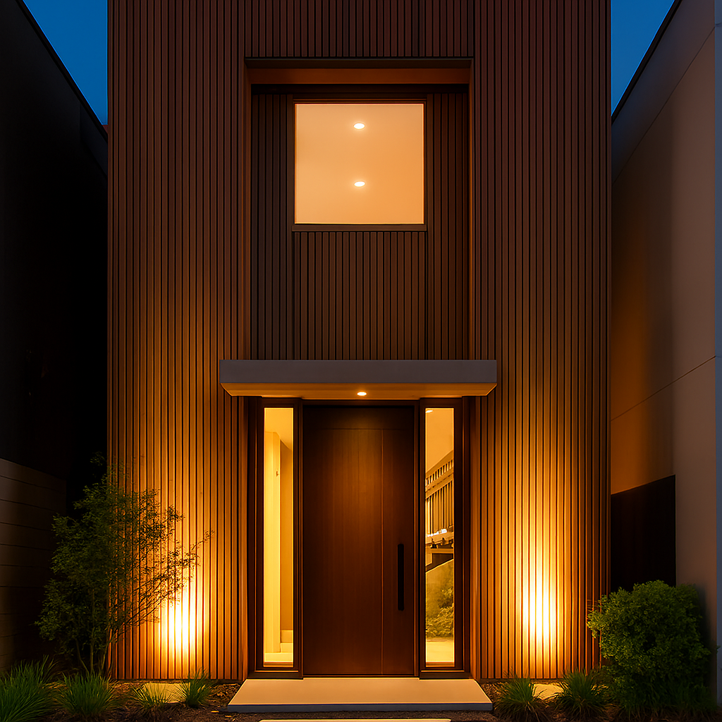 Vertical wooden accents in luxury small-front elevation