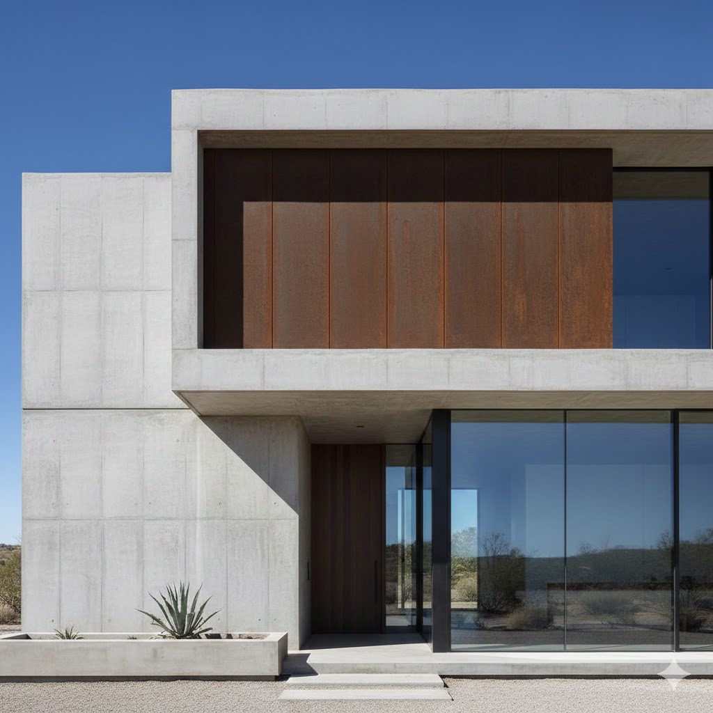 Minimalist home facade with simple geometry and limited materials