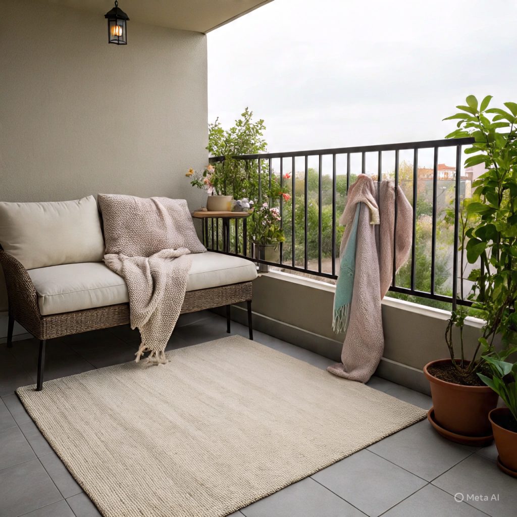 Small balcony ideas enhanced with outdoor rugs and soft textiles