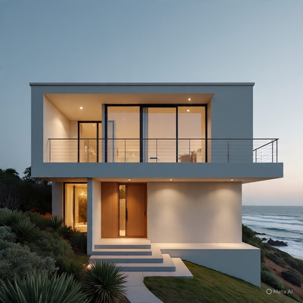 Slate blue and frost white modern home front with glass railing