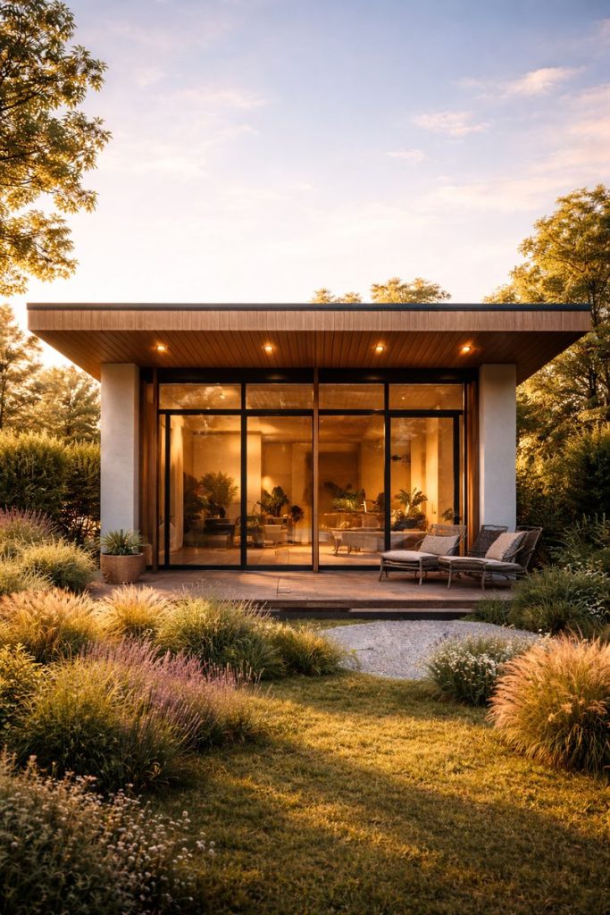 West-facing house elevation with intense afternoon sunlight and heat exposure on the facade