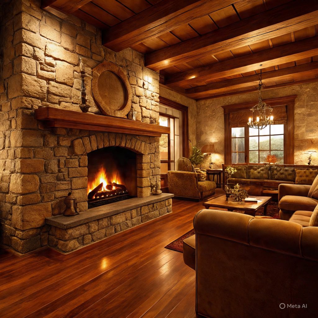 Luxury home interior featuring natural stone and wood
