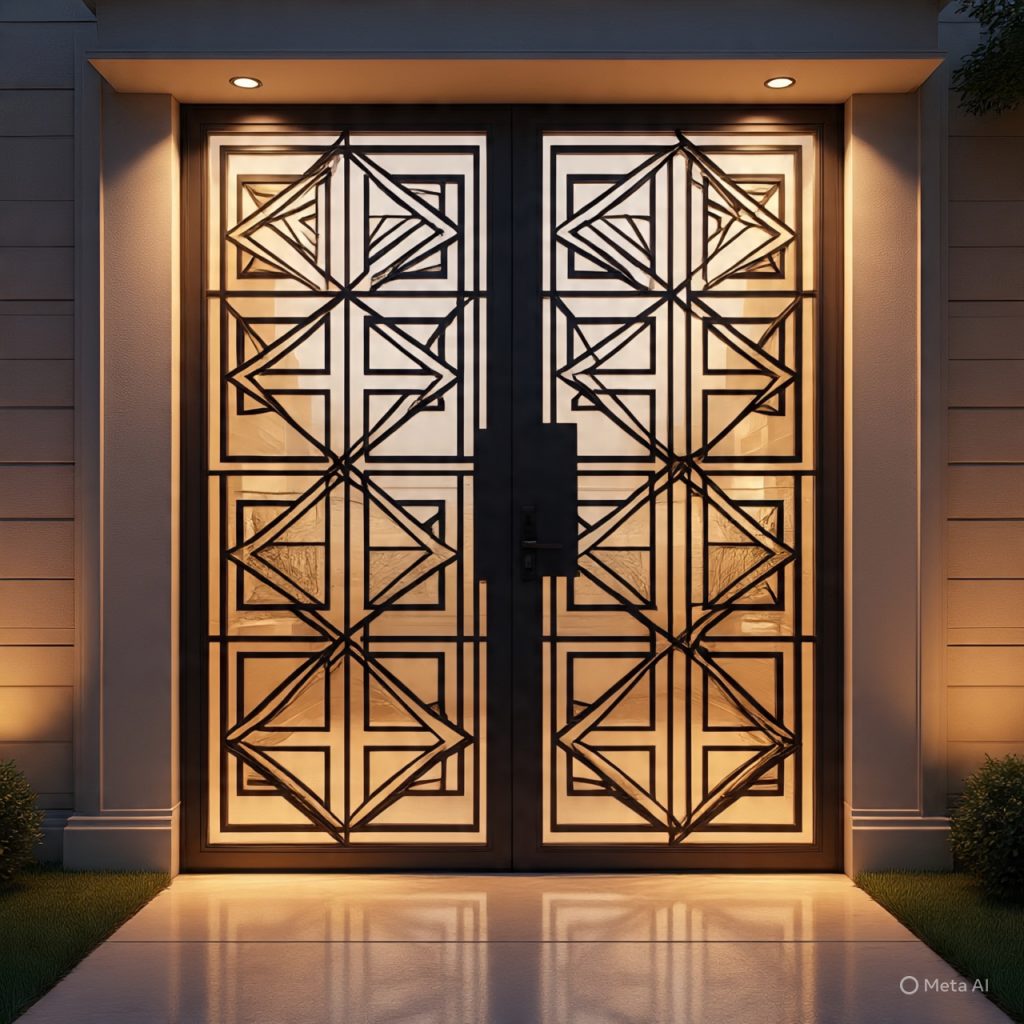 Luxury metal main gate with warm lighting creating a strong focal point in front elevation