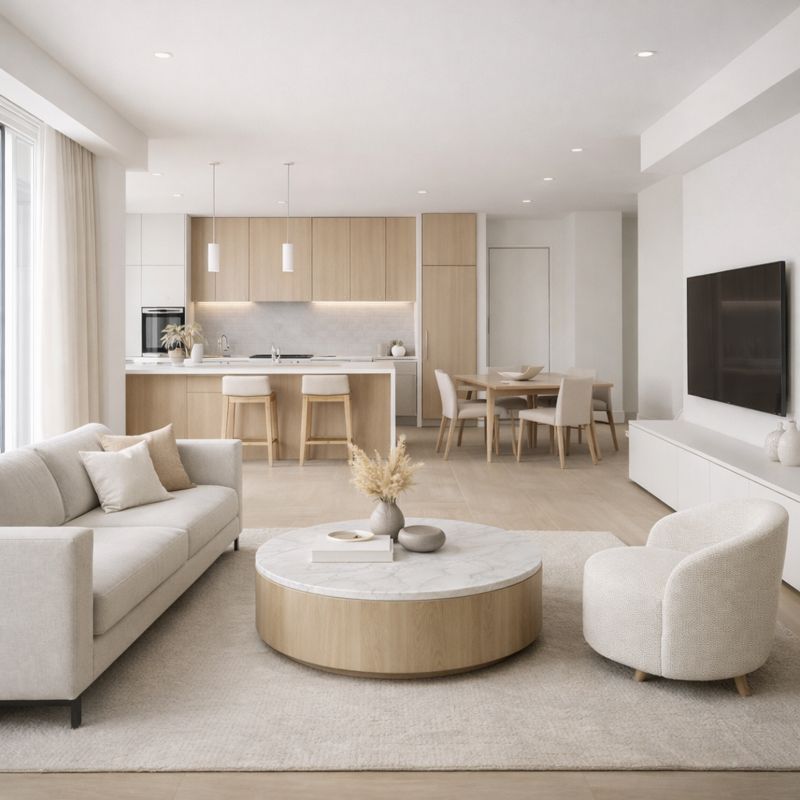 Seamless technology integrated into minimalist living room design