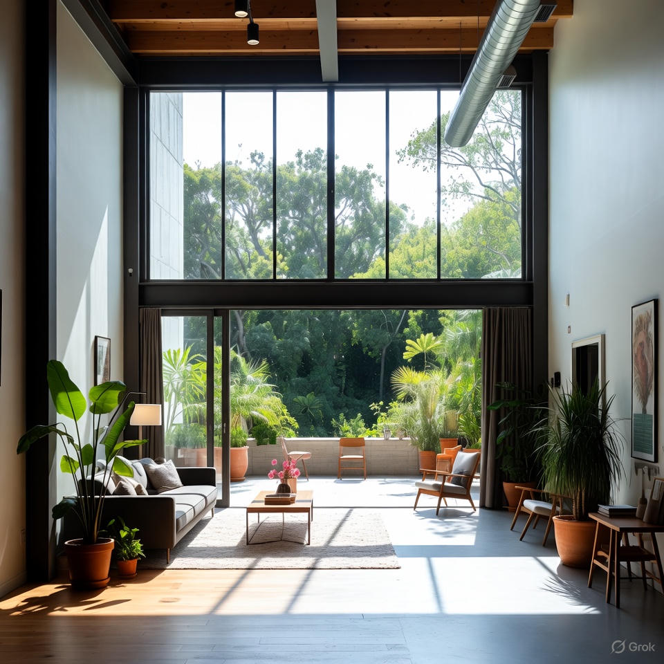 Interior space connected visually to outdoor plants