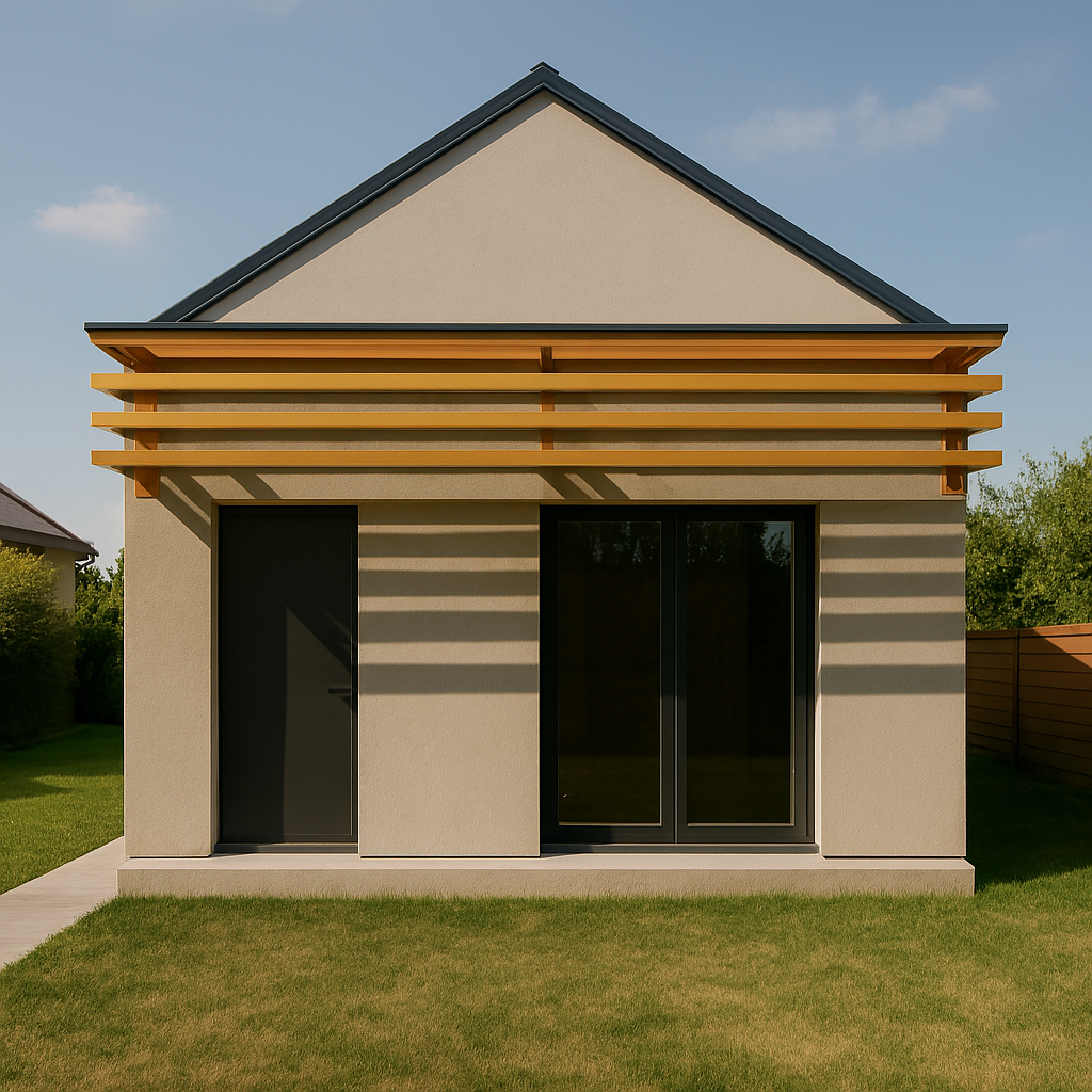 Modern front elevation featuring vertical louvers, recessed windows, and textured walls for sun control