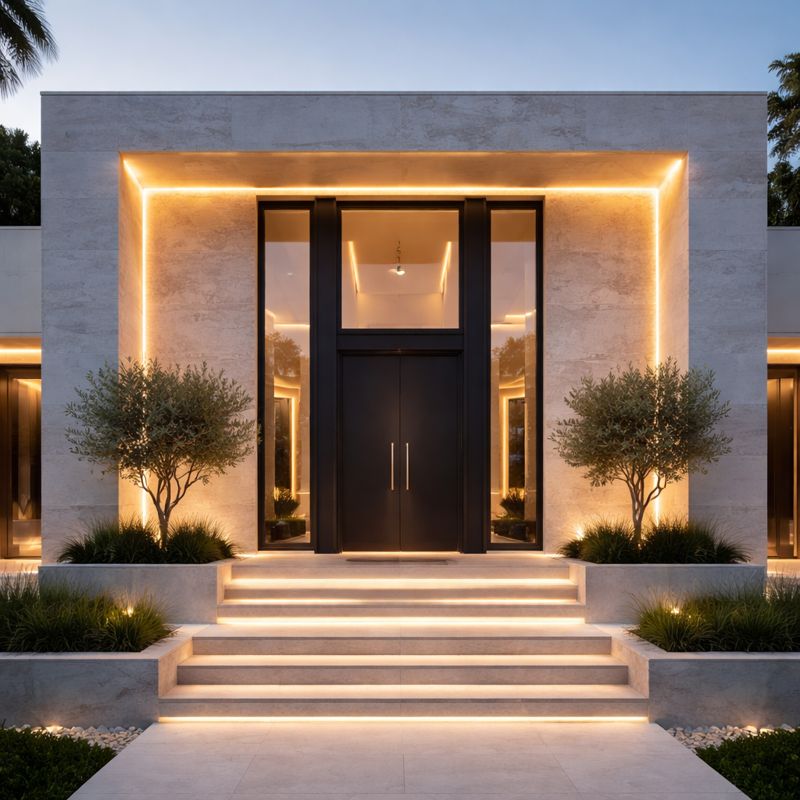 Stone-clad luxury small-front elevation with lighting