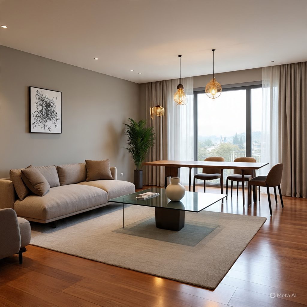 Open-plan minimalist interior with refined finishes
