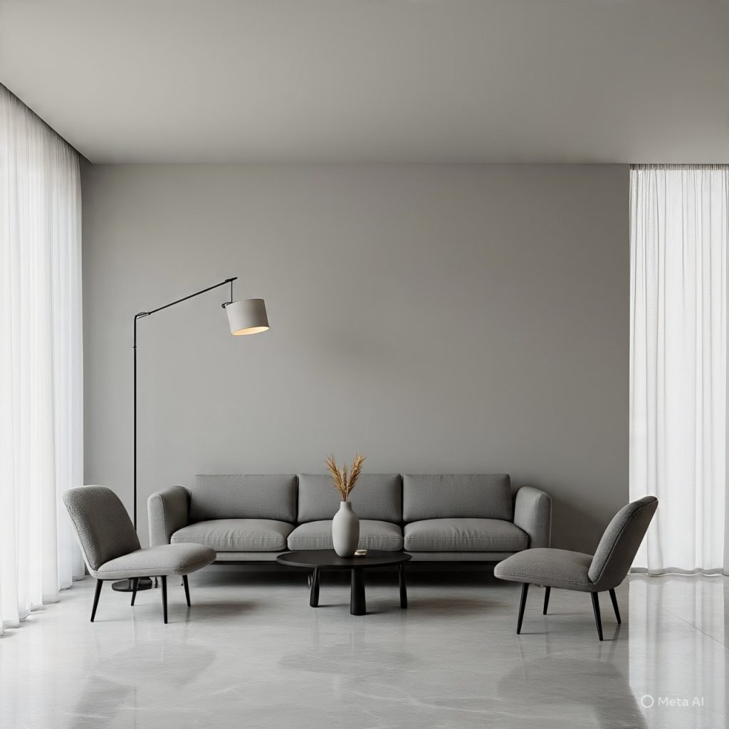 Grey minimalist living room with warm undertones and subtle accents

