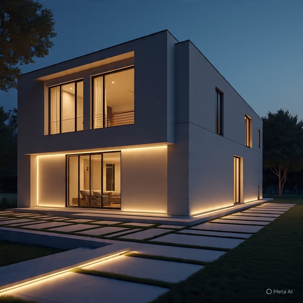 Contemporary minimalist home elevation illuminated with warm LED strip lighting under balconies and along walls, enhancing architectural lines and textures at night