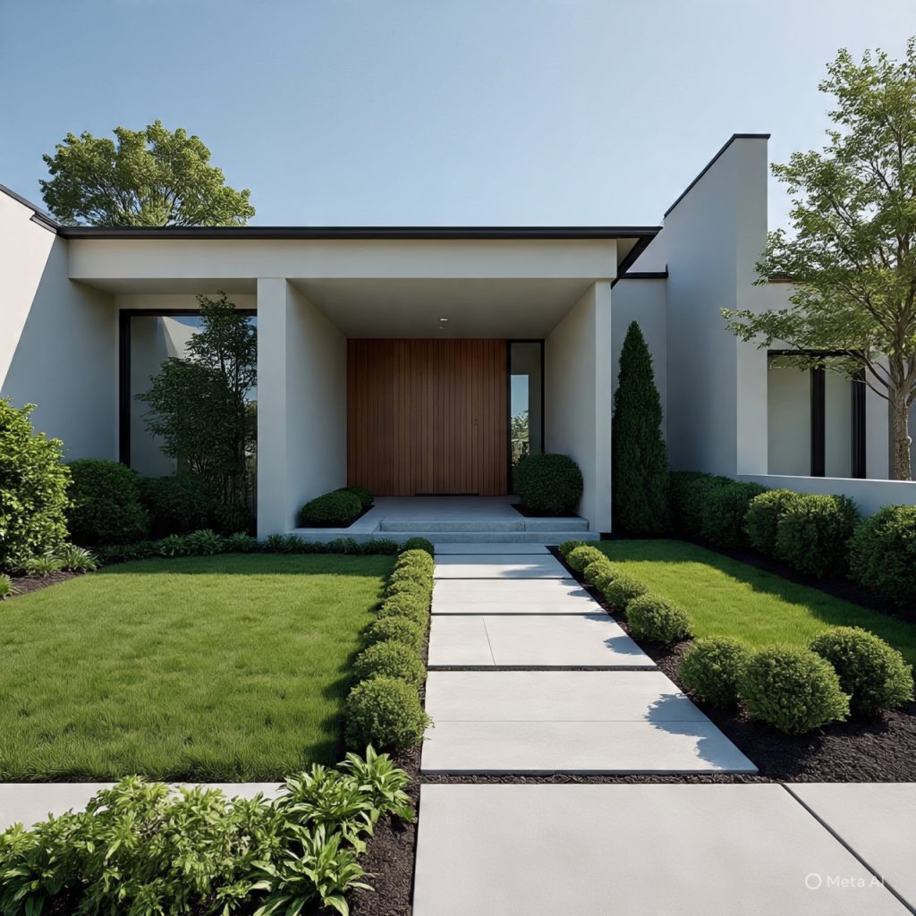 Minimalist front elevation with neatly trimmed shrubs, structured plants, stone pathways, and simple grass landscaping complementing the clean architectural geometry