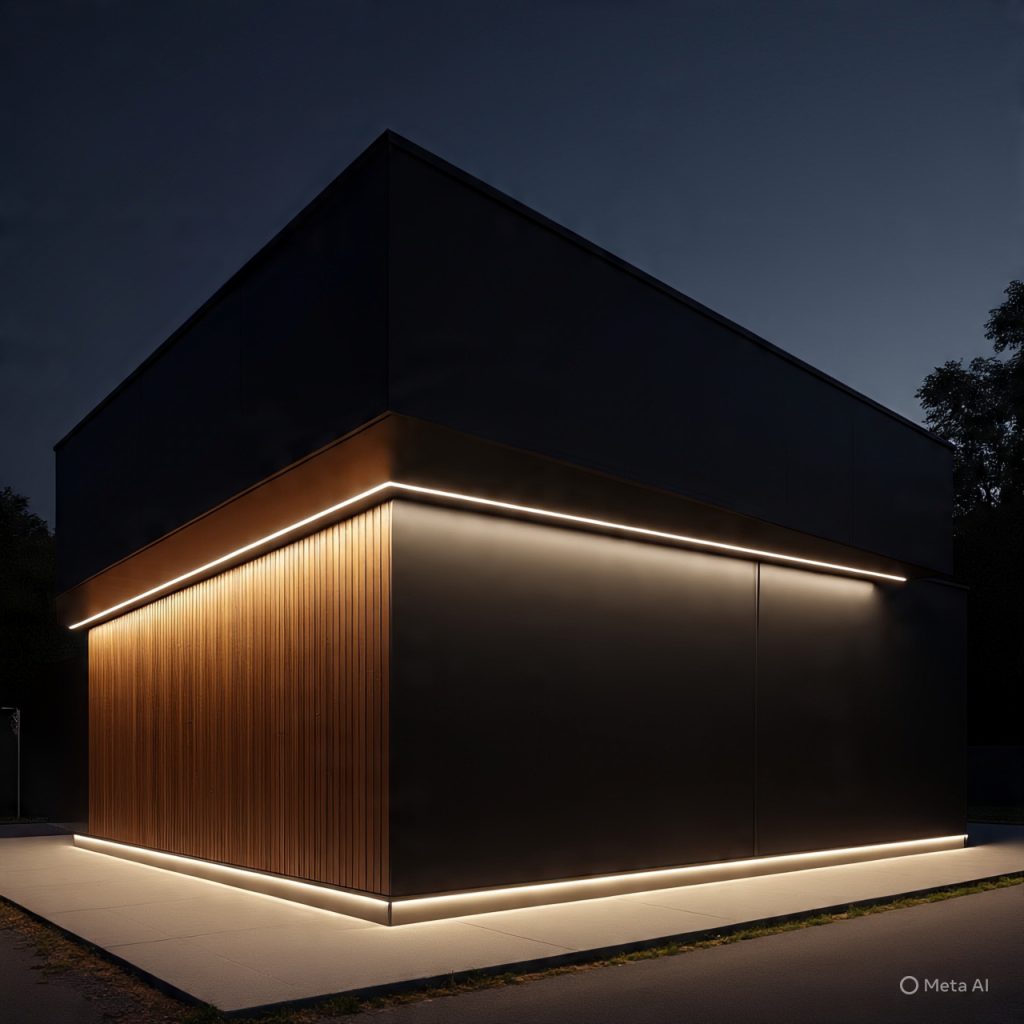 Jet black and timber brown façade with LED shadow lighting