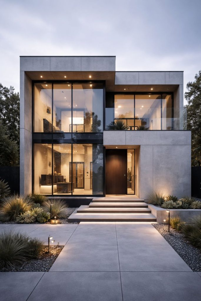 Glass-accented modern luxury small-front elevation