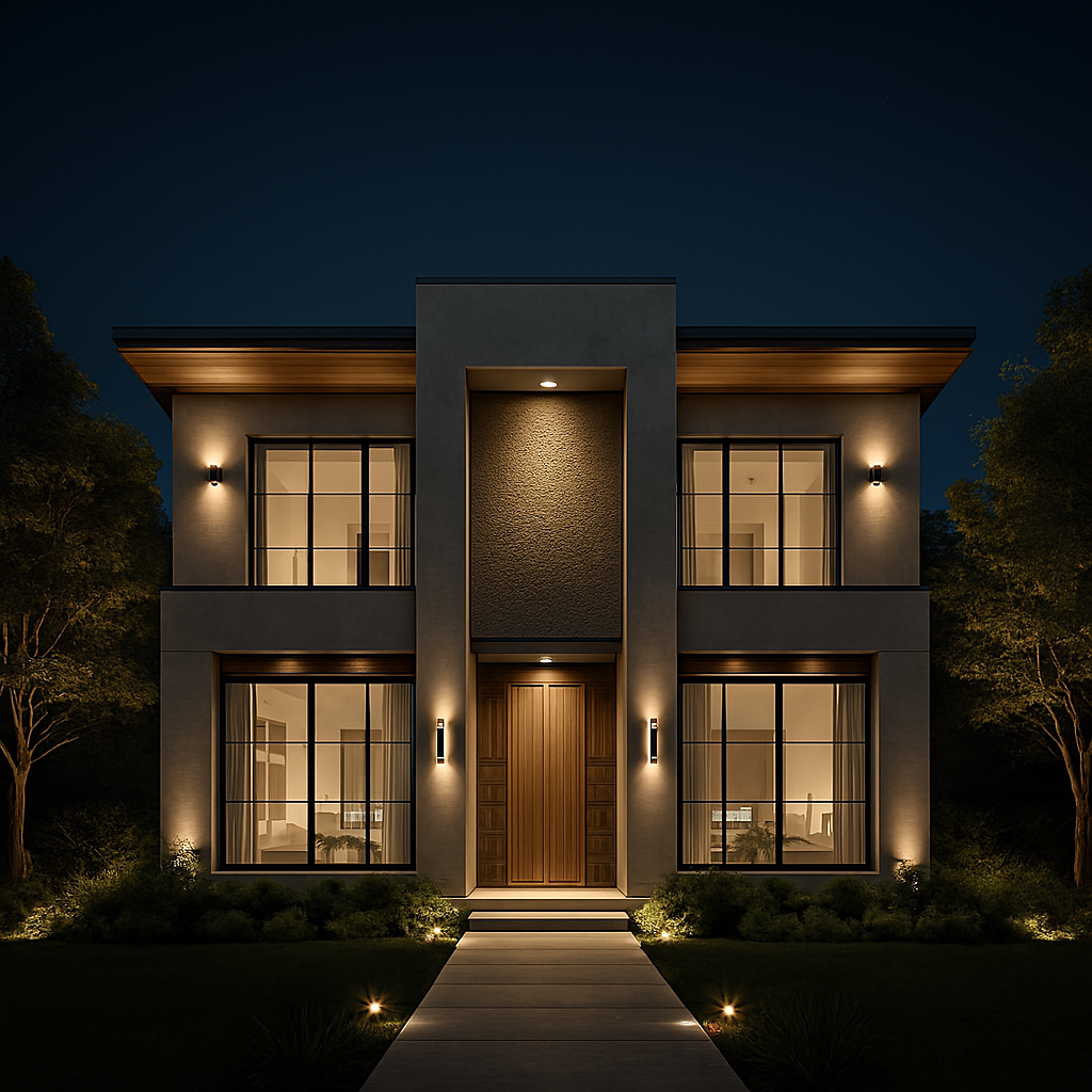 Night view of front elevation with layered architectural lighting