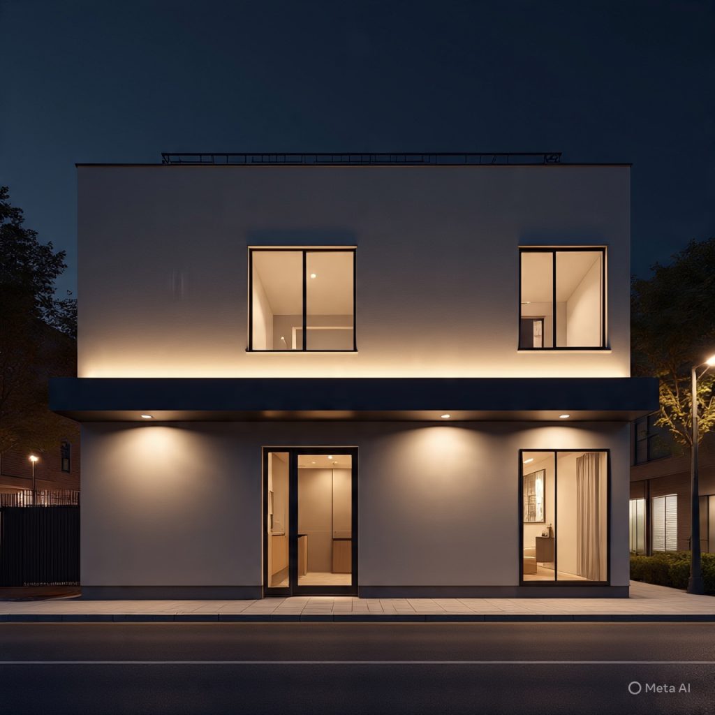 Night lighting on modern small-front house elevation
