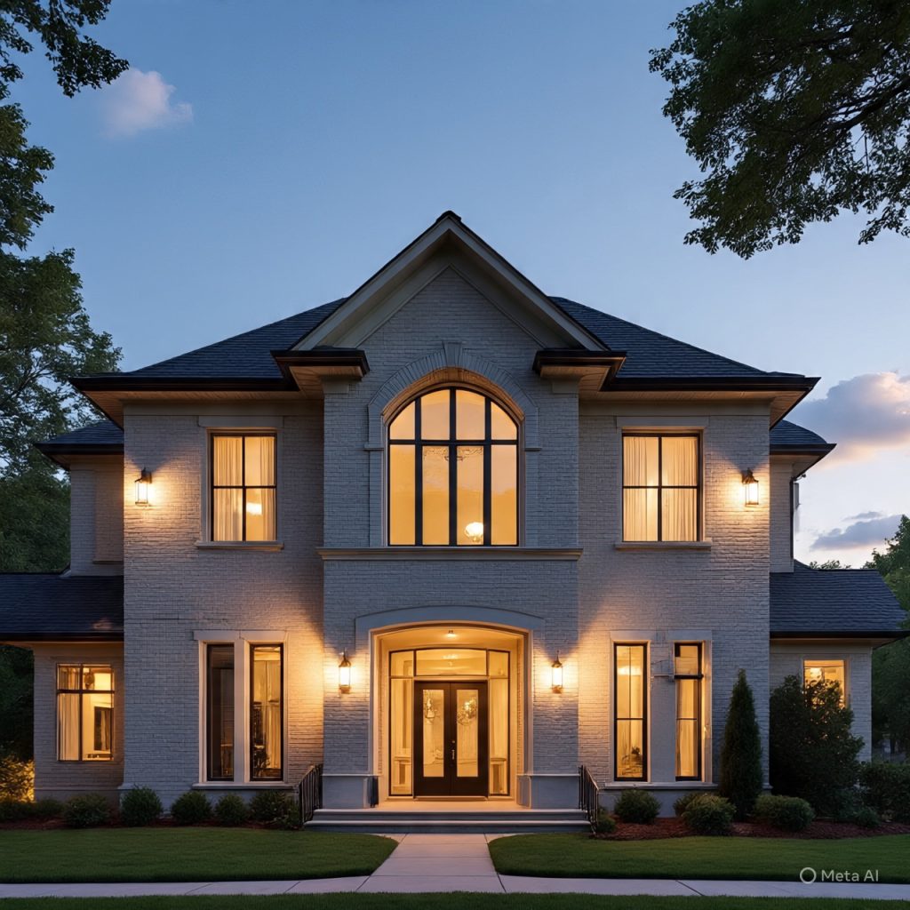 South-facing home elevation with horizontal shading devices managing seasonal sunlight effectively