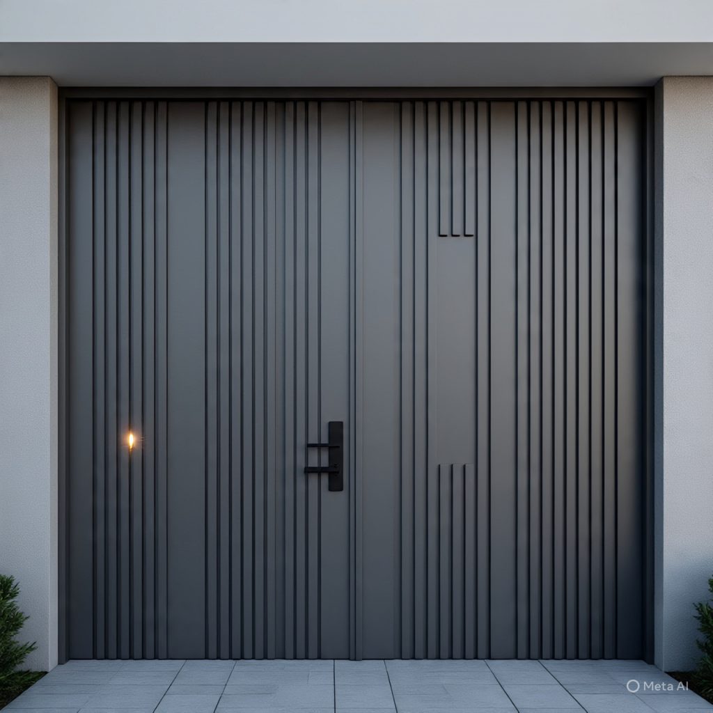 Minimalist front elevation gate with sleek design and soft ambient lighting