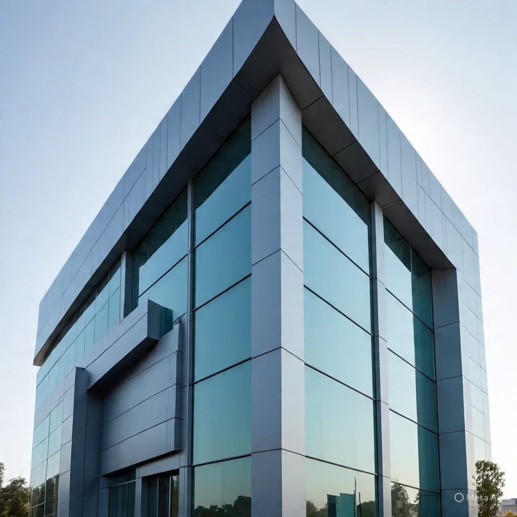 North-facing house elevation using contrast materials and architectural lighting for visual depth