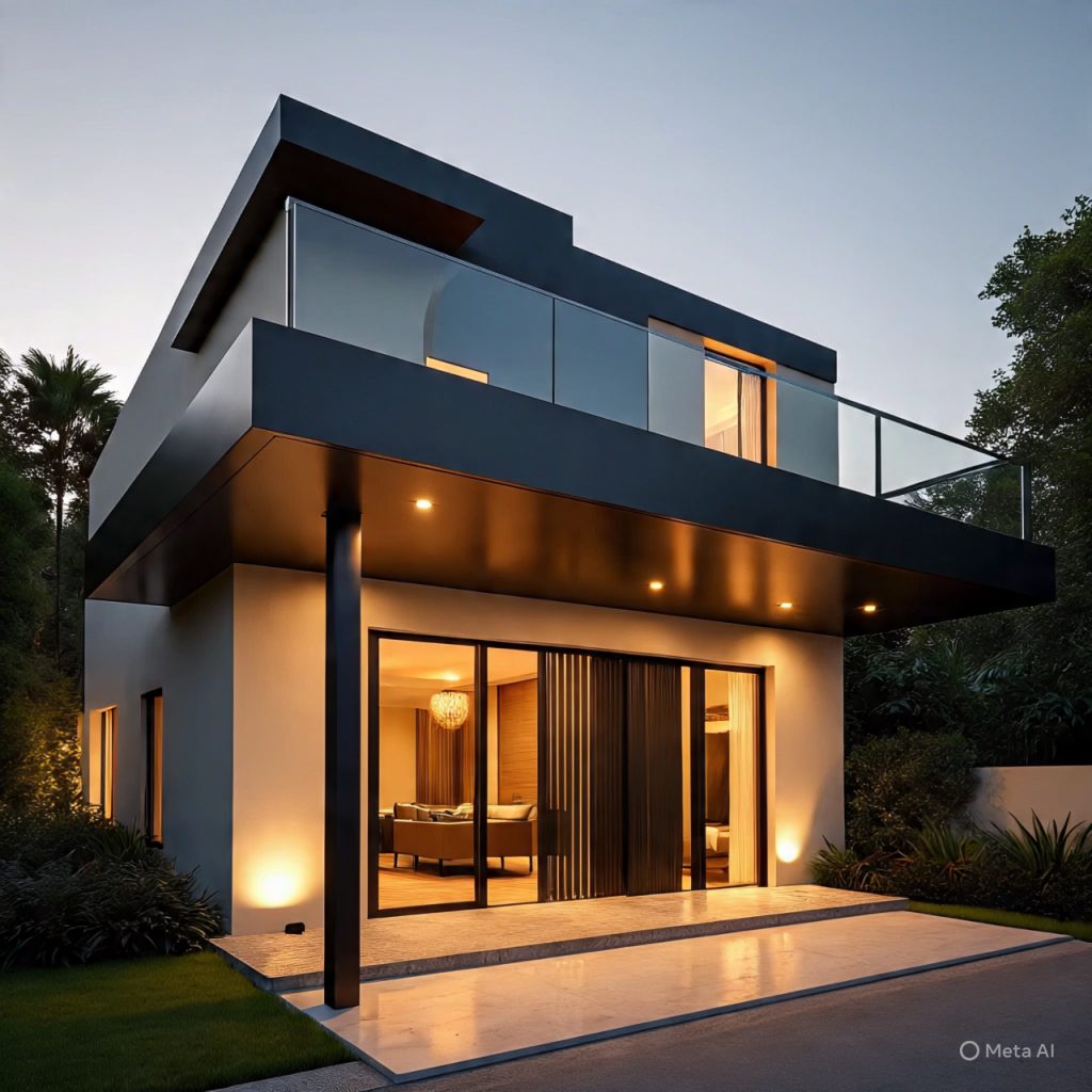 Ivory and charcoal luxury villa front with LED lights.