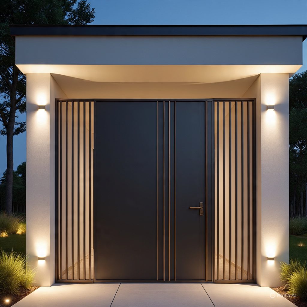 Architectural main gate design blending metal and wood for modern home exterior