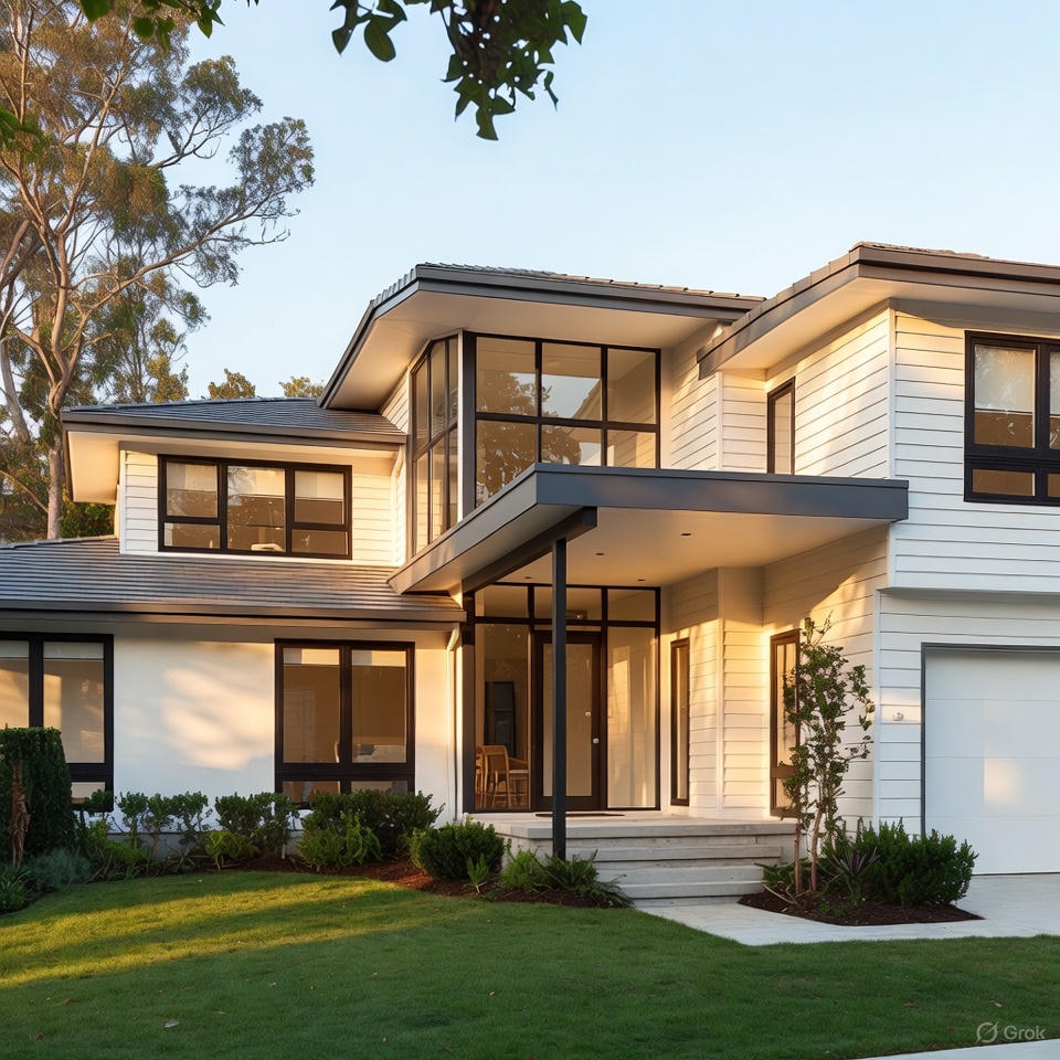 Cantilevered shade on modern small-front house