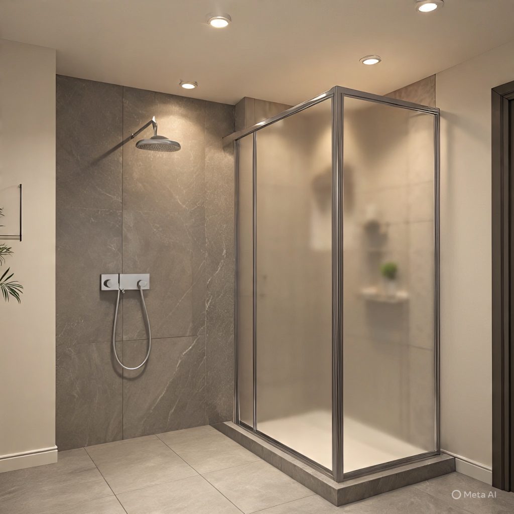 Modern bathroom with glass partition, sleek fixtures, and neutral tiles