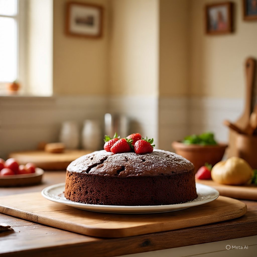 Fresh homemade chocolate cake displayed on a rustic kitchen counter with natural lighting,