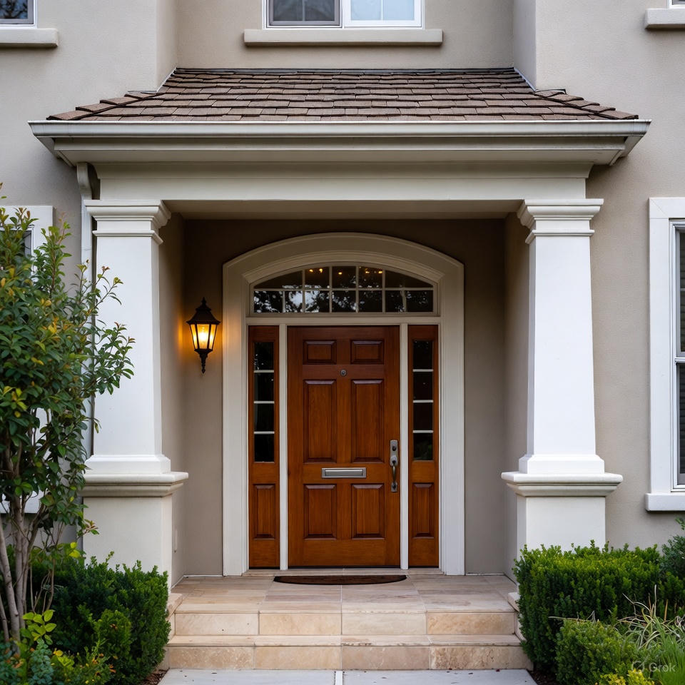 Traditional elements integrated into modern front elevation designs with arched windows and carved wooden door