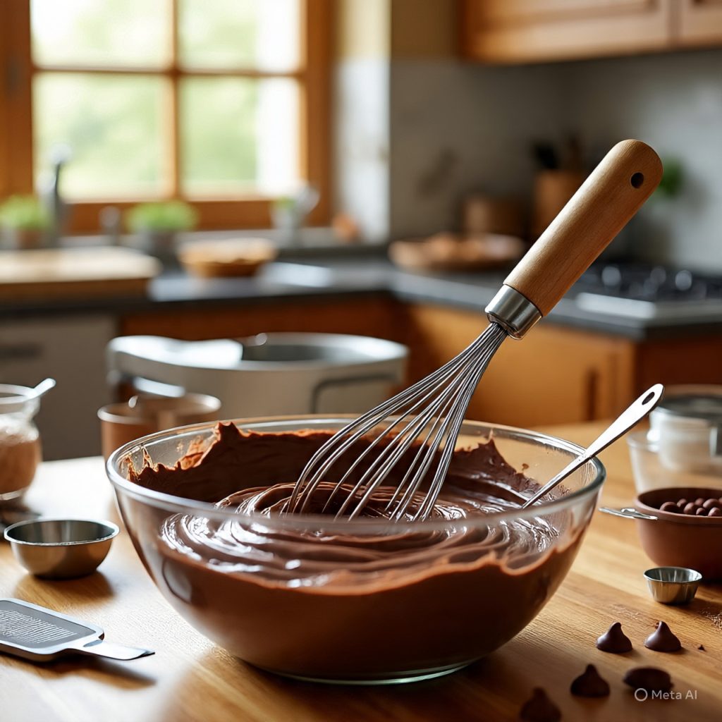 Mixing batter for a homemade chocolate cake in a bowl with baking tools on a warm kitchen surface,