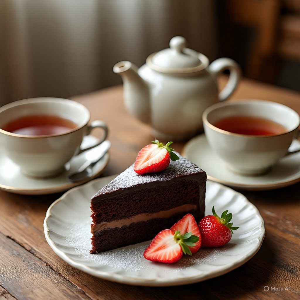Sliced homemade chocolate cake served on a plate with tea cups in a cozy home setting,