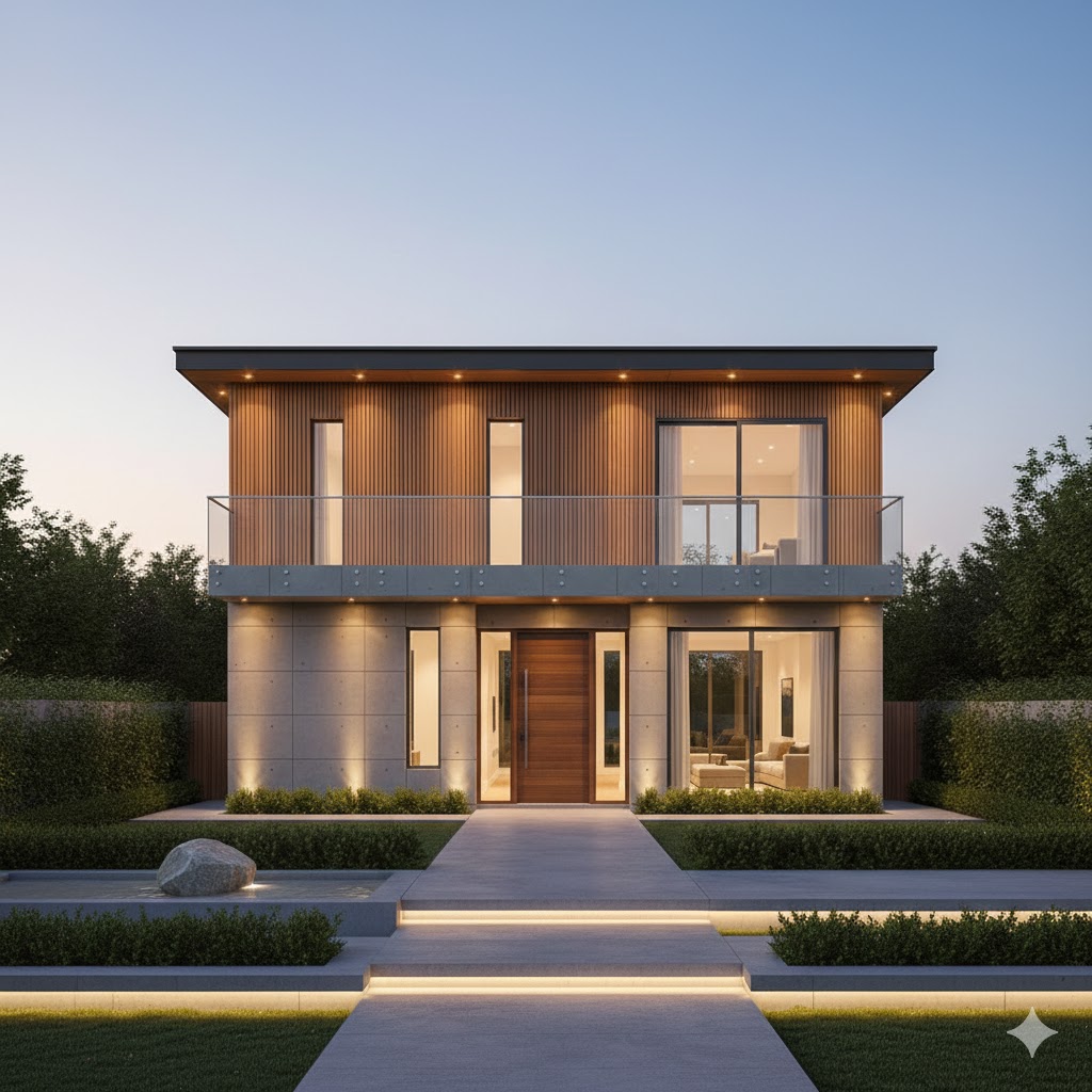 Smart front elevation design featuring automatic gate, sensor lighting, and modern security technology for a future-ready home exterior