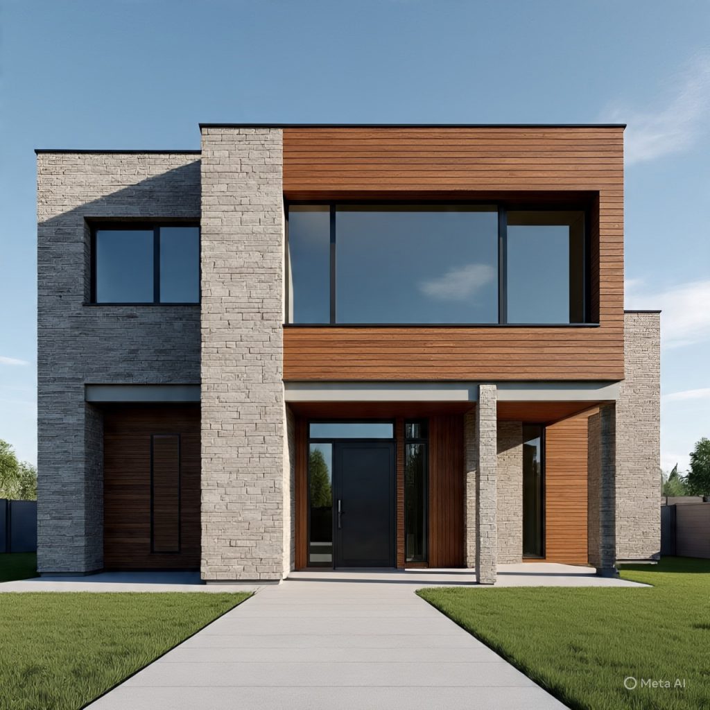 Modern front elevation designs showing balanced symmetry, premium materials, and harmonious exterior colors