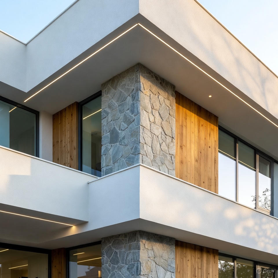 Exterior lighting design highlighting front elevation textures with wall lights, LED strips, and garden illumination at night