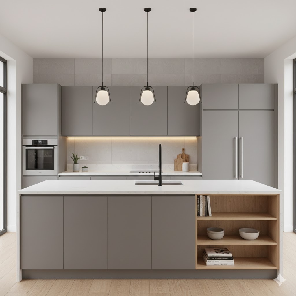 Contemporary modular kitchen with island counter and matte cabinets
