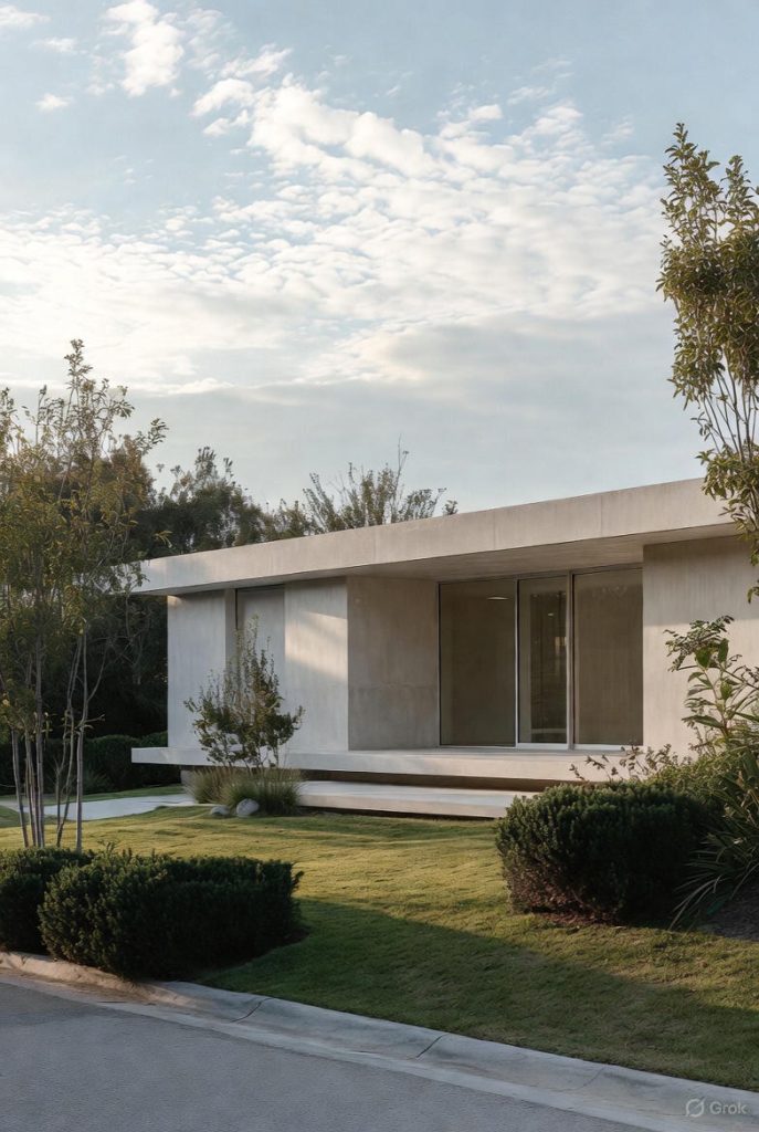 Modern minimalist front elevation design featuring clean geometric lines and neutral color tones