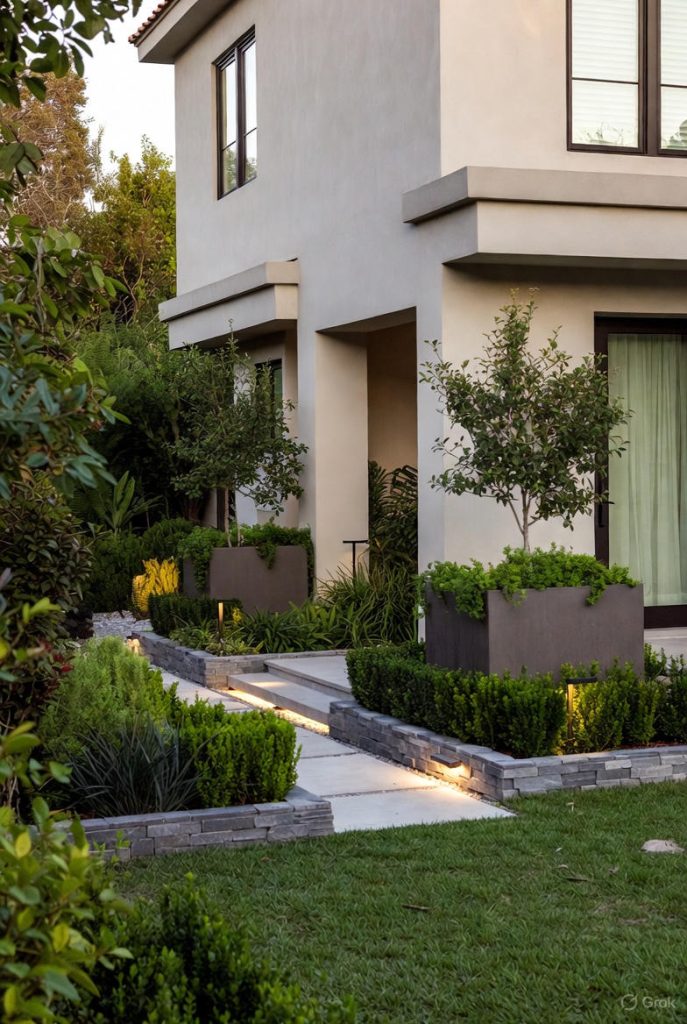 House façade with landscaped garden and pathway stones