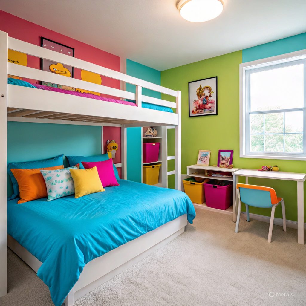 Kids’ bedroom interior with playful colors and smart storage