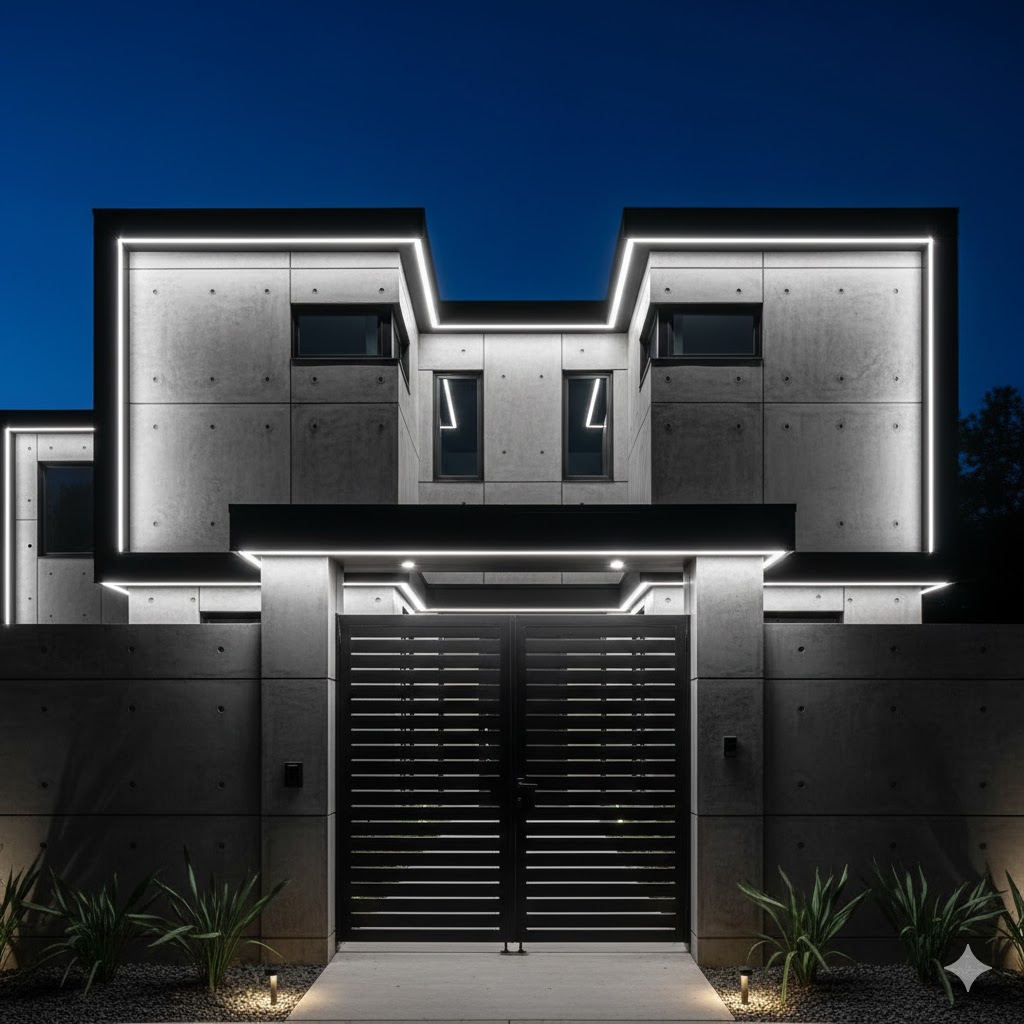 Ash grey façade with black metal accents