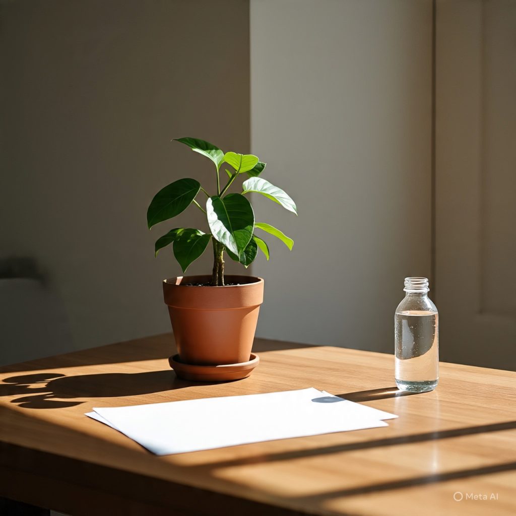 Minimalist sunlit workspace with water bottle and plant representing daily energy management and modern health habits.