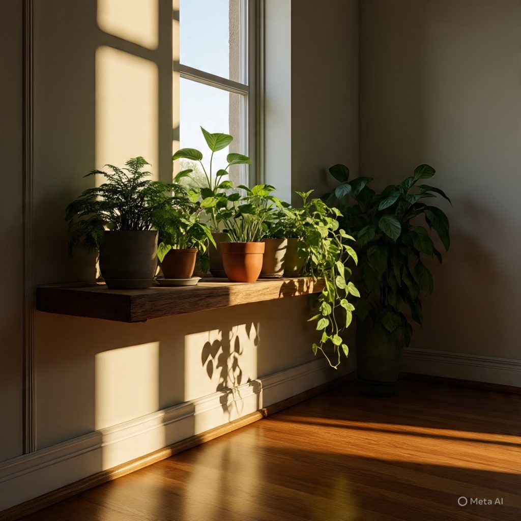 “Clutter-free modern interior with fresh plants and clean surfaces.”