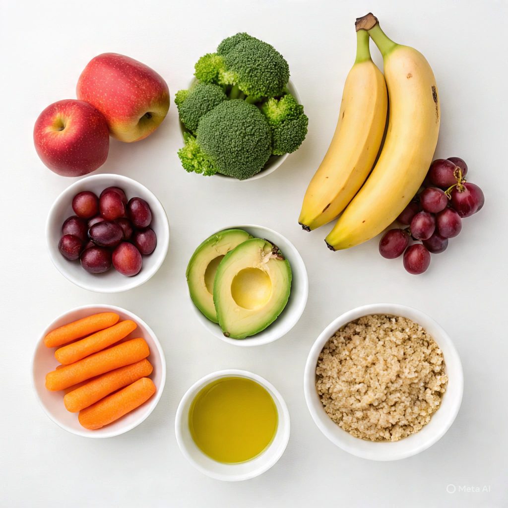 “Colorful balanced plate of fruits, vegetables, grains, and healthy fats.”