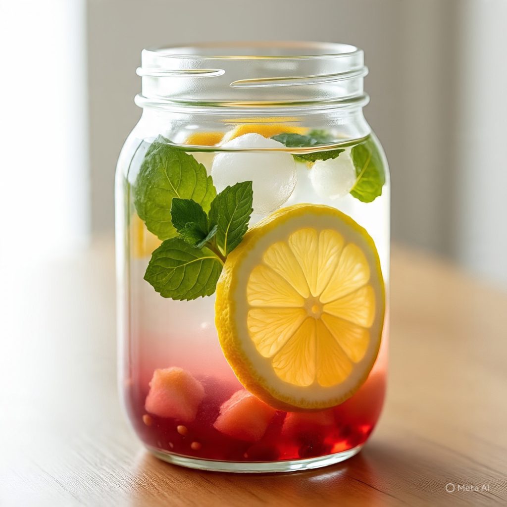 “Glass of fruit-infused water with lemon and mint on a bright surface.”