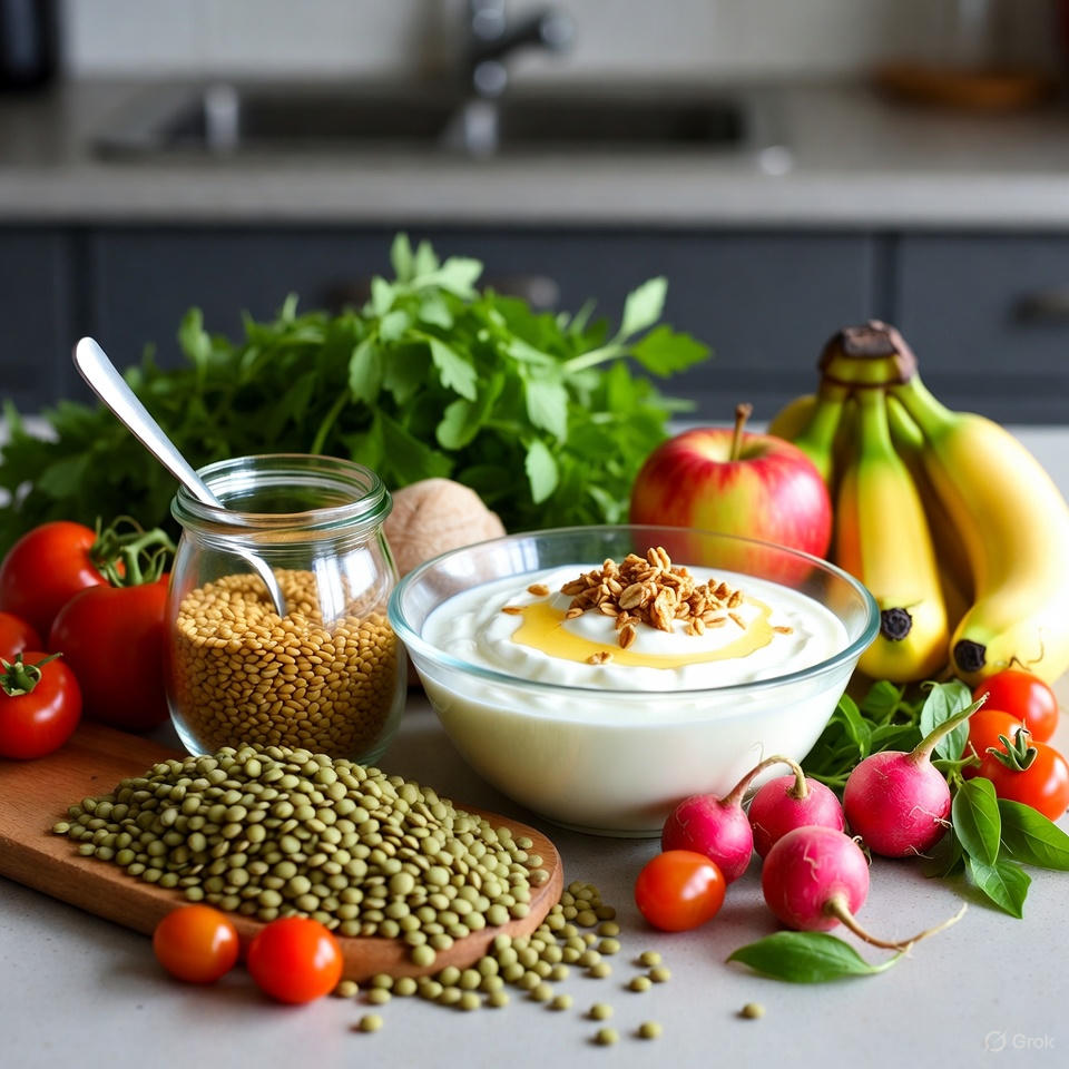 “Arrangement of yogurt, seeds, lentils, and fresh ingredients for gut health.”