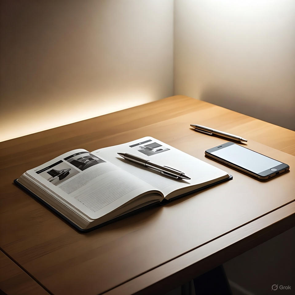 “Minimal desk with a powered-off phone and notebook for a digital detox routine.”