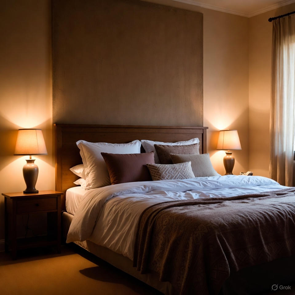 “Cozy dim-light bedroom showing a calm sleep-friendly environment.”