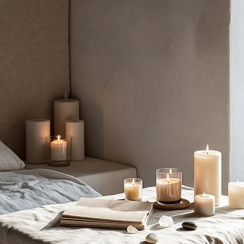 “Journaling setup with candles and soft décor promoting emotional well-being.”