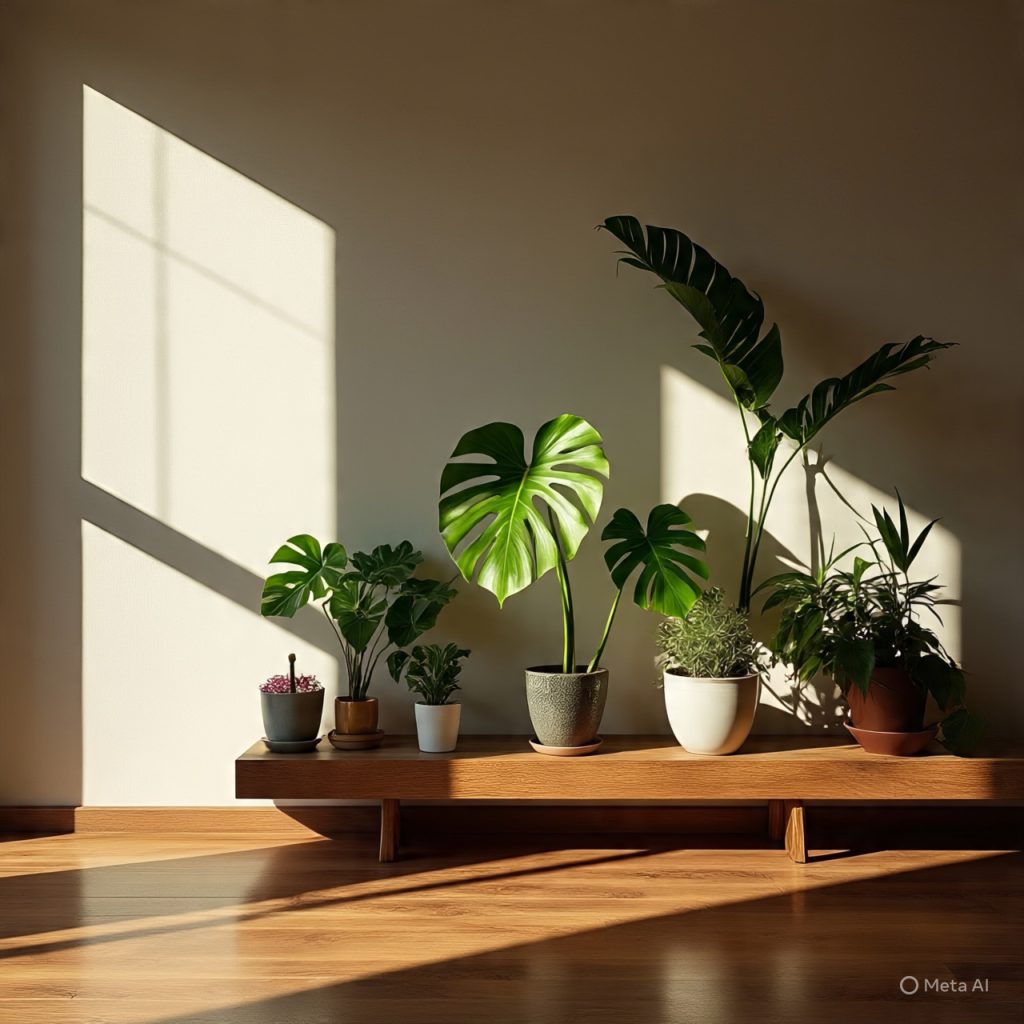 “Indoor plants and natural sunlight entering through a window.”