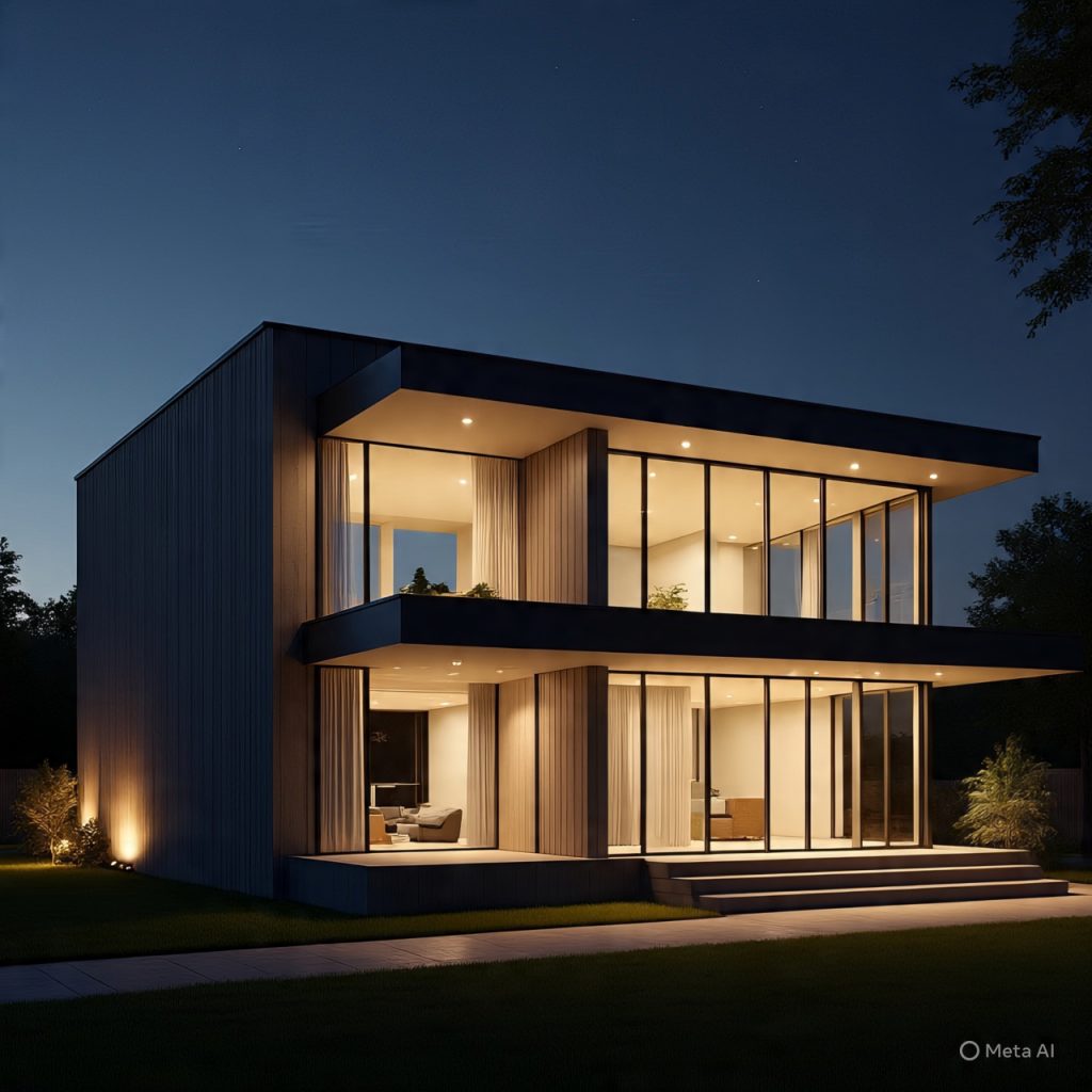 Night-time house elevation with layered architectural lighting