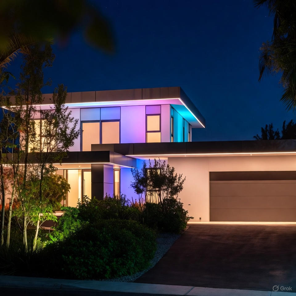 Subtle colored lighting on modern house front